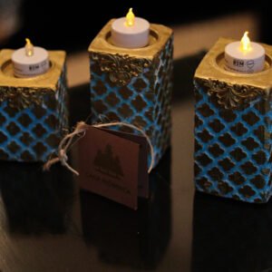 Trío Portavelas Mediterráneo de Escayola con Marquetería y Base Metálica